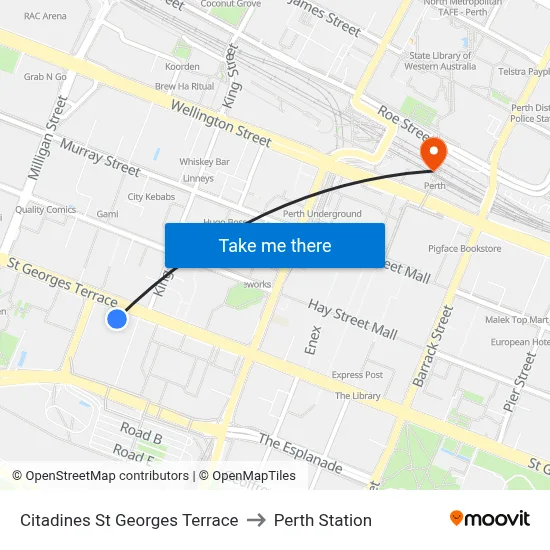 Citadines St Georges Terrace to Perth Station map