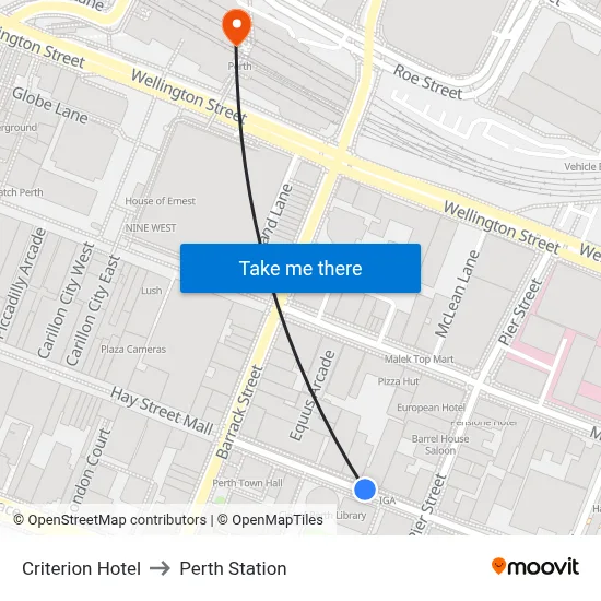 Criterion Hotel, Hay St Perth WA 6000 to Perth Station map