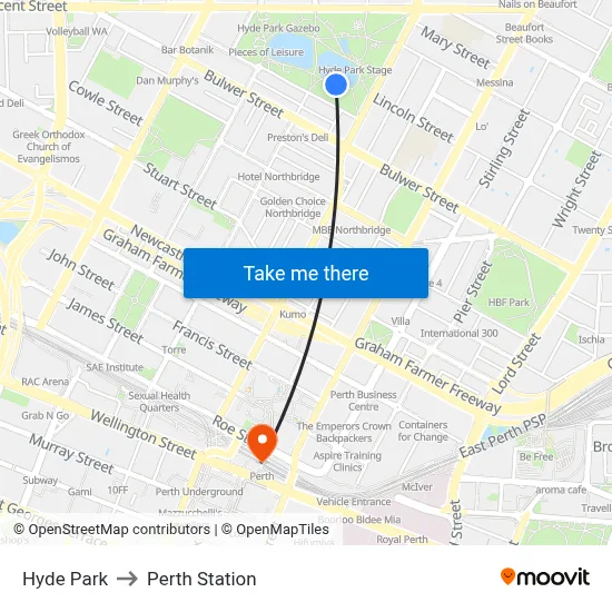Hyde Park to Perth Station map