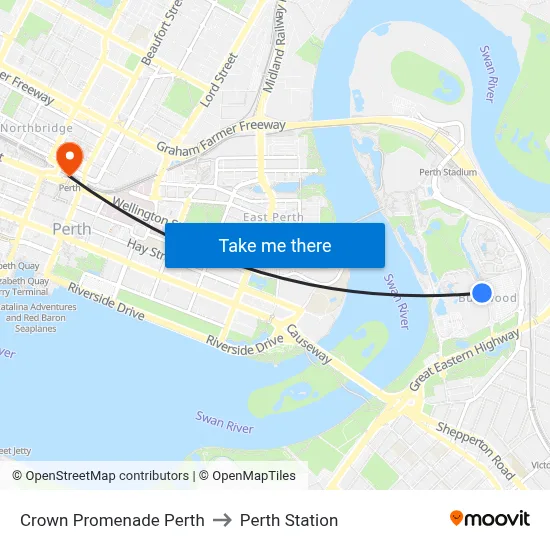 Crowne Promenade Perth to Perth Station map