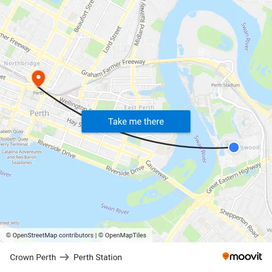 Crown Perth to Perth Station map