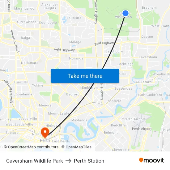 Caversham Wildlife Park to Perth Station map