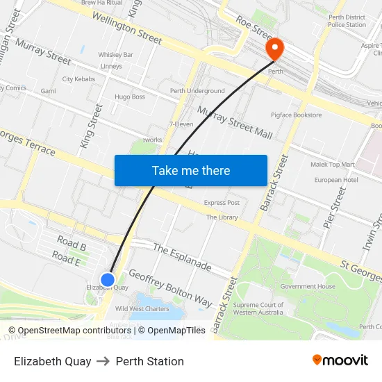 Esplanade to Perth Station map