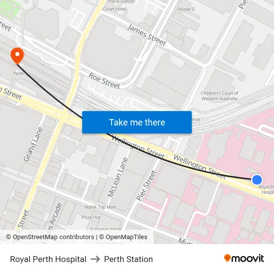 Royal Perth Hospital to Perth Station map