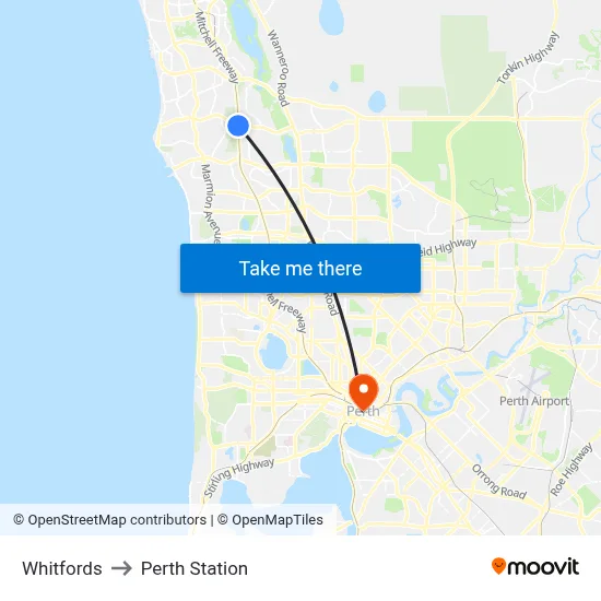 Whitfords to Perth Station map