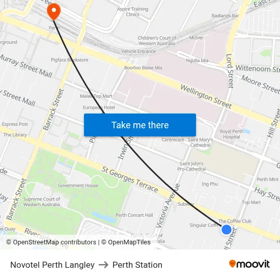 Novotel Perth Langley to Perth Station map