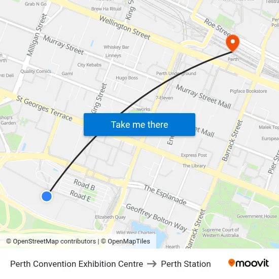 Perth Convention Exhibition Centre to Perth Station map