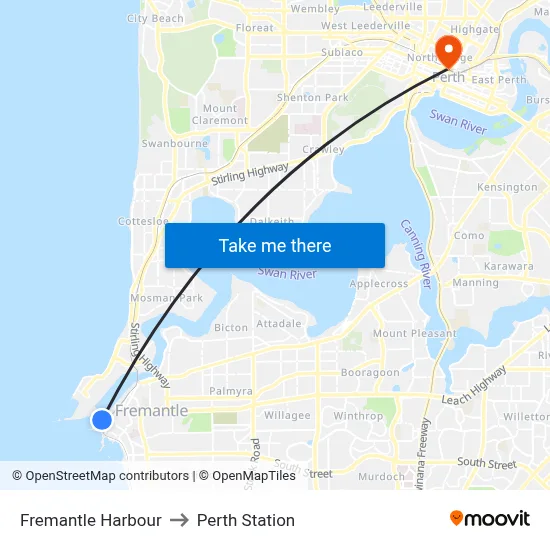 Fremantle Harbour to Perth Station map