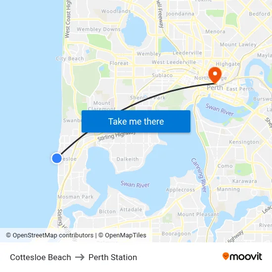 Cottesloe Beach to Perth Station map