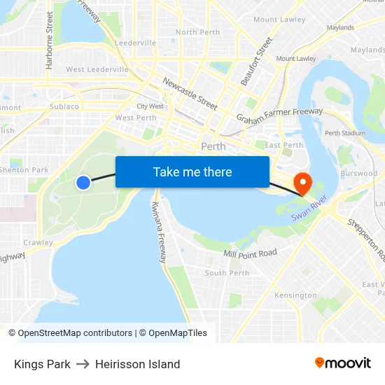 Kings Park to Heirisson Island map