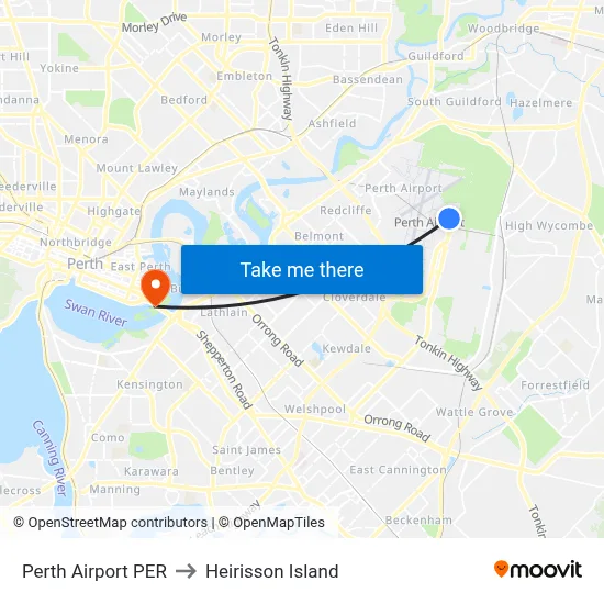 Perth Airport PER to Heirisson Island map