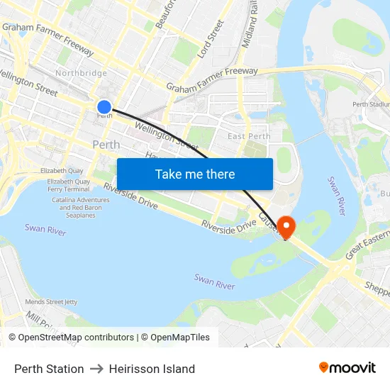Perth Station to Heirisson Island map