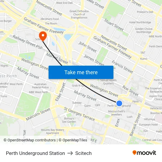 Perth Underground Station to Scitech map