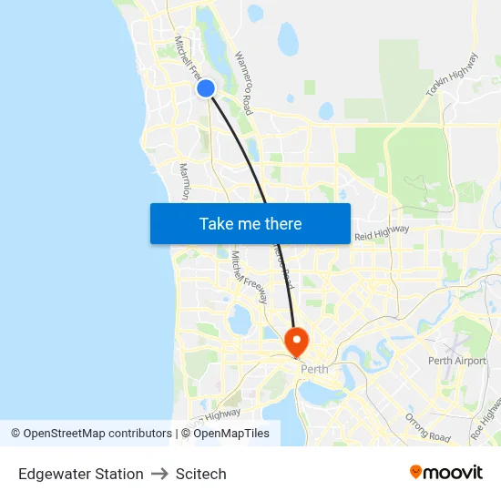 Edgewater Station to Scitech map