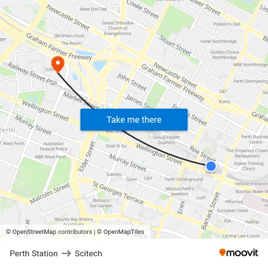 Perth Station to Scitech map