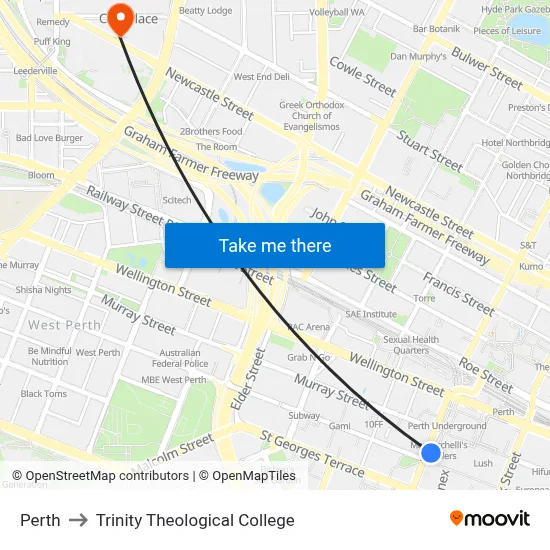 Perth to Trinity Theological College map