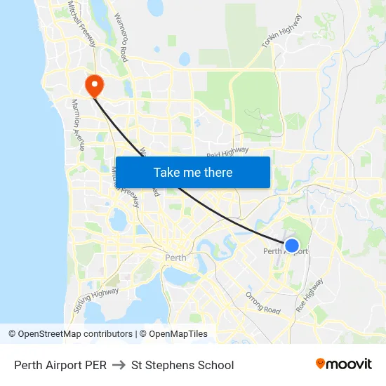 Perth Airport PER to St Stephens School map
