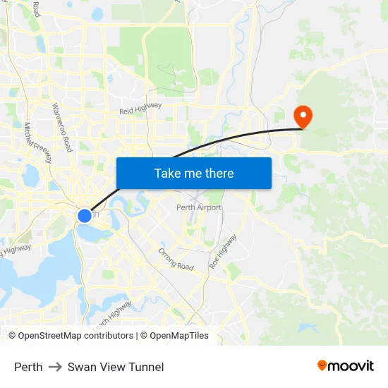 Perth to Swan View Tunnel map