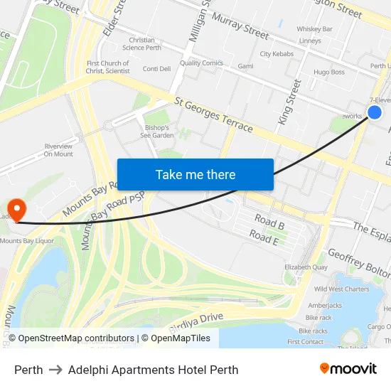Perth to Adelphi Apartments Hotel Perth map