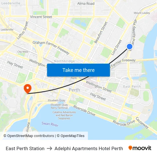 East Perth Station to Adelphi Apartments Hotel Perth map