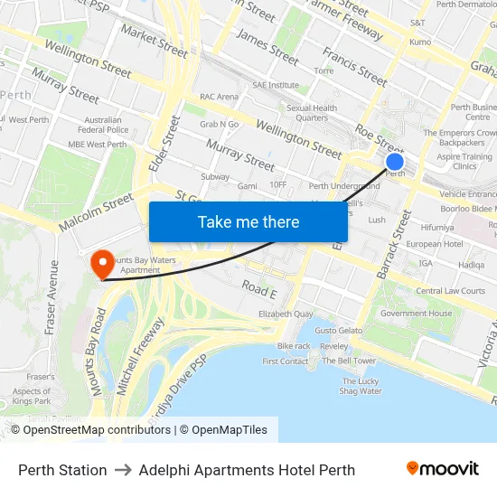 Perth Station to Adelphi Apartments Hotel Perth map