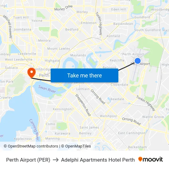 Perth Airport (PER) to Adelphi Apartments Hotel Perth map