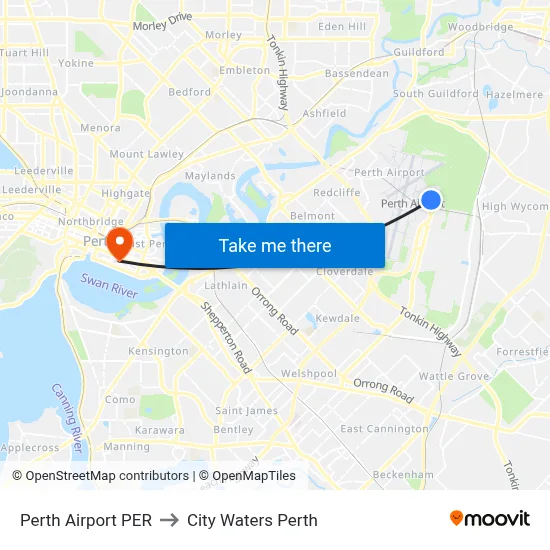 Perth Airport PER to City Waters Perth map