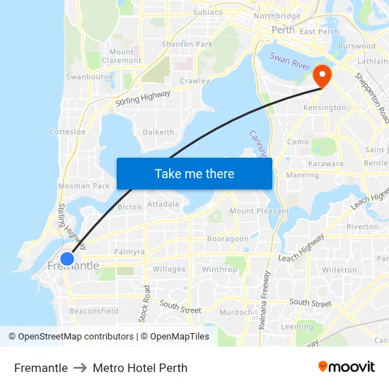 Fremantle to Metro Hotel Perth map
