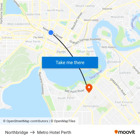 Northbridge to Metro Hotel Perth map