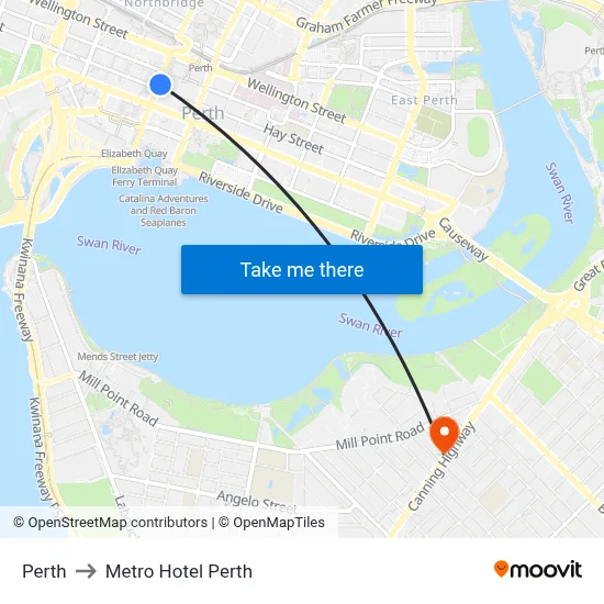 Perth to Metro Hotel Perth map