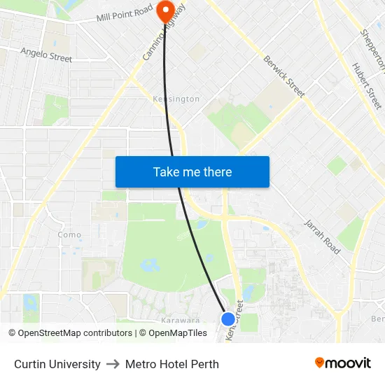 Curtin University to Metro Hotel Perth map
