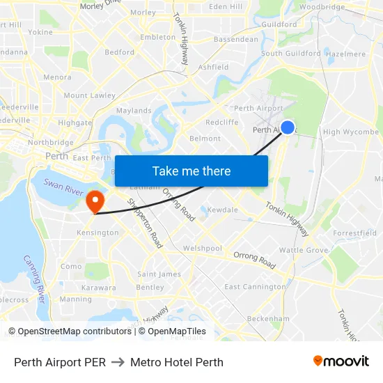 Perth Airport PER to Metro Hotel Perth map