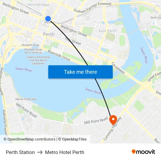 Perth Station to Metro Hotel Perth map