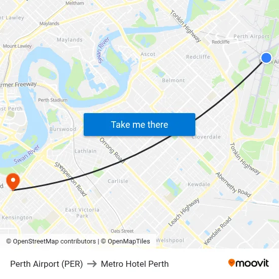 Perth Airport (PER) to Metro Hotel Perth map