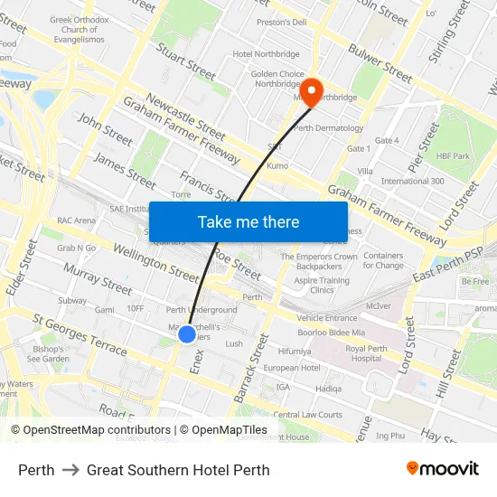 Perth to Great Southern Hotel Perth map