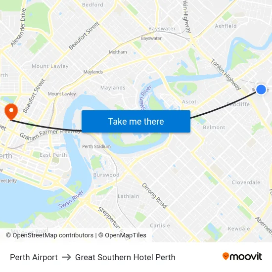 Perth Airport to Great Southern Hotel Perth map