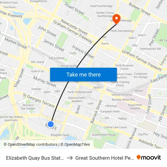 Elizabeth Quay Bus Station to Great Southern Hotel Perth map