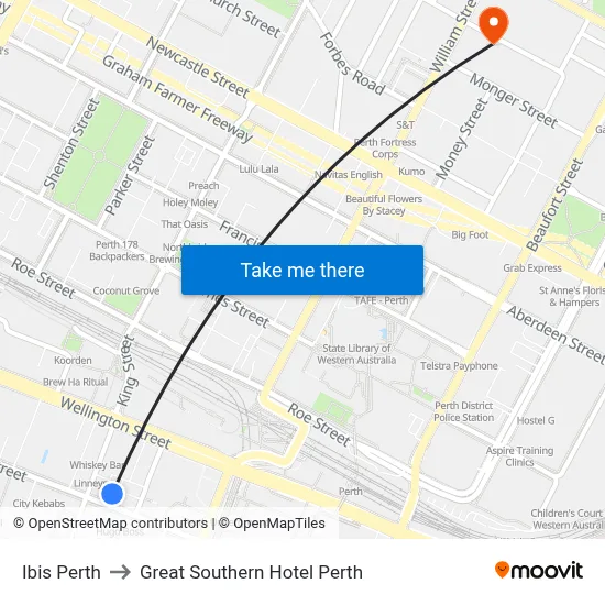 Ibis Perth to Great Southern Hotel Perth map