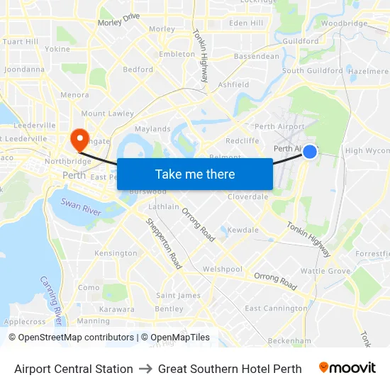 Airport Central Station to Great Southern Hotel Perth map