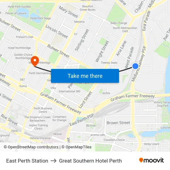 East Perth Station to Great Southern Hotel Perth map