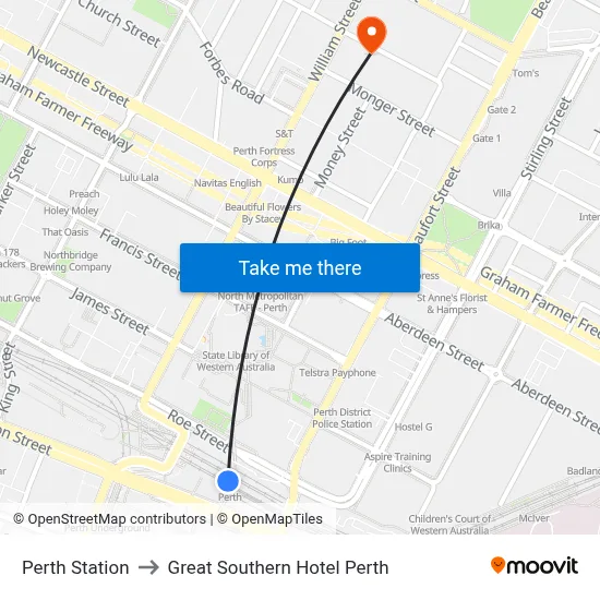 Perth Station to Great Southern Hotel Perth map