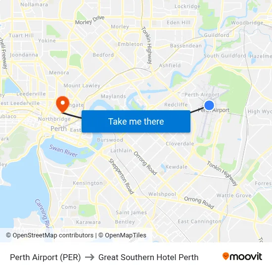 Perth Airport (PER) to Great Southern Hotel Perth map