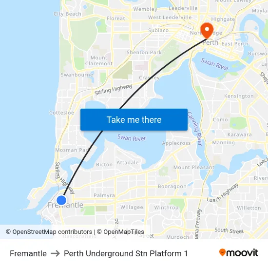 Fremantle to Perth Underground Stn Platform 1 map