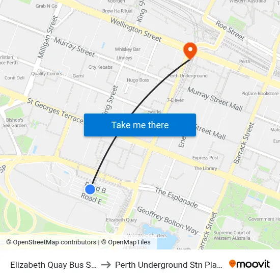 Elizabeth Quay Bus Station to Perth Underground Stn Platform 1 map