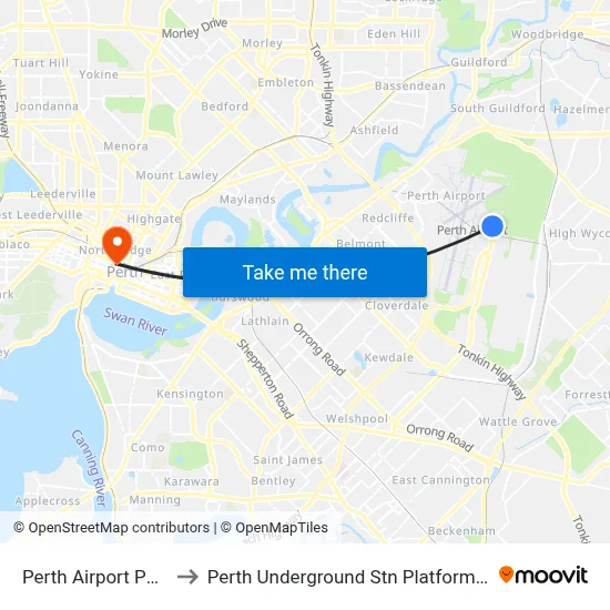 Perth Airport PER to Perth Underground Stn Platform 1 map
