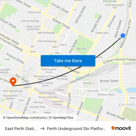 East Perth Station to Perth Underground Stn Platform 1 map