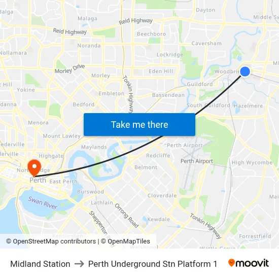 Midland Station to Perth Underground Stn Platform 1 map