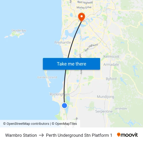 Warnbro Station to Perth Underground Stn Platform 1 map