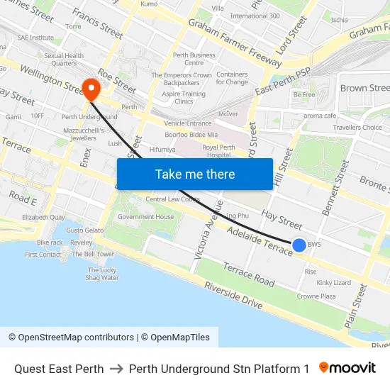 Quest East Perth to Perth Underground Stn Platform 1 map