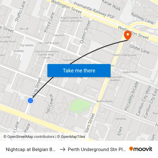 Nightcap at Belgian Beer Cafe to Perth Underground Stn Platform 1 map